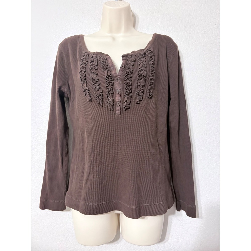 Lauren Ralph Lauren Brown Waffle Knit Ruffle Henley Thermal Top Large
